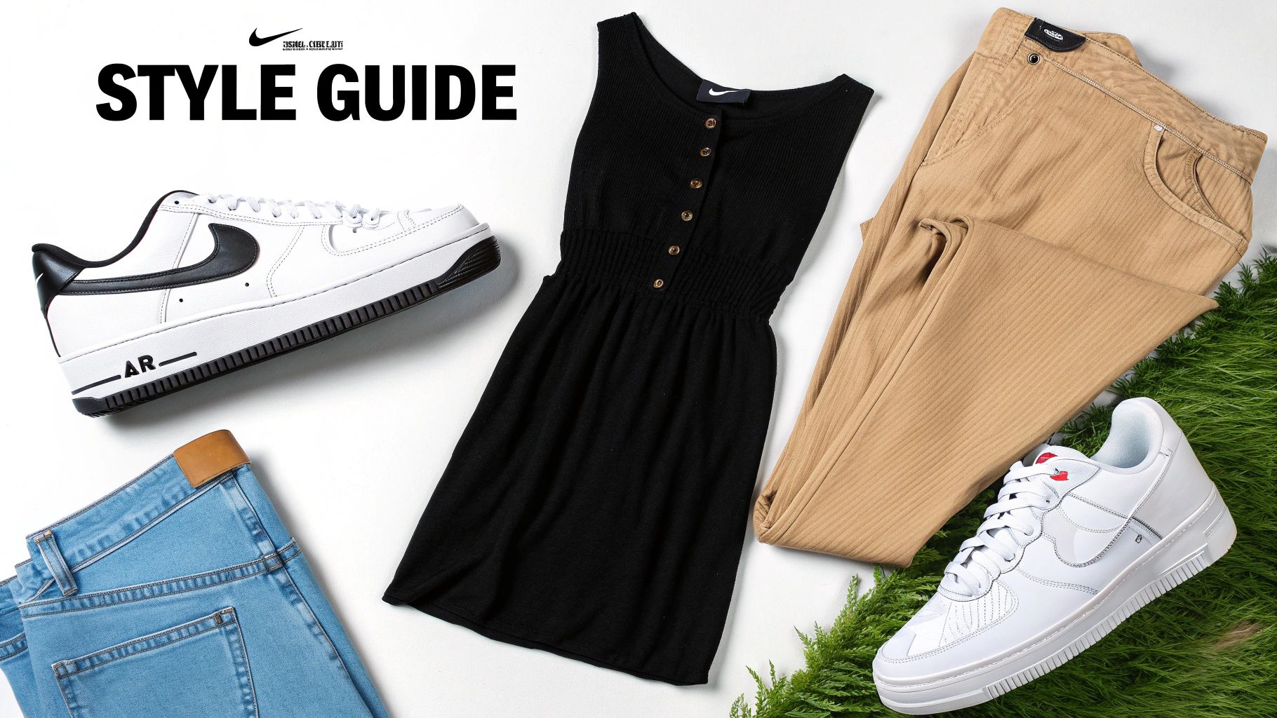 A fashion style guide showcasing Nike Air Force 1 sneakers, a black dress, jeans, and khaki pants.