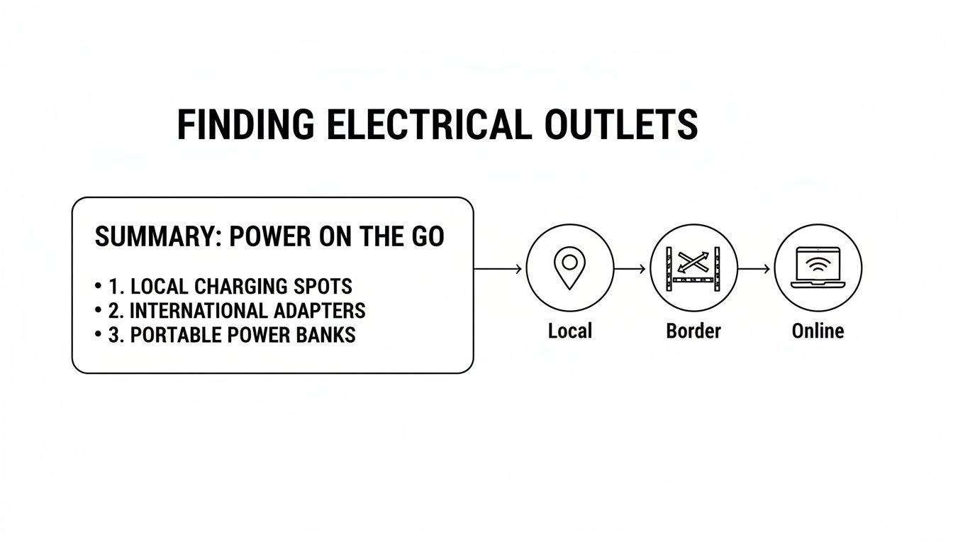 Graphic showing how to find electrical outlets, including local charging spots, adapters, and power banks.