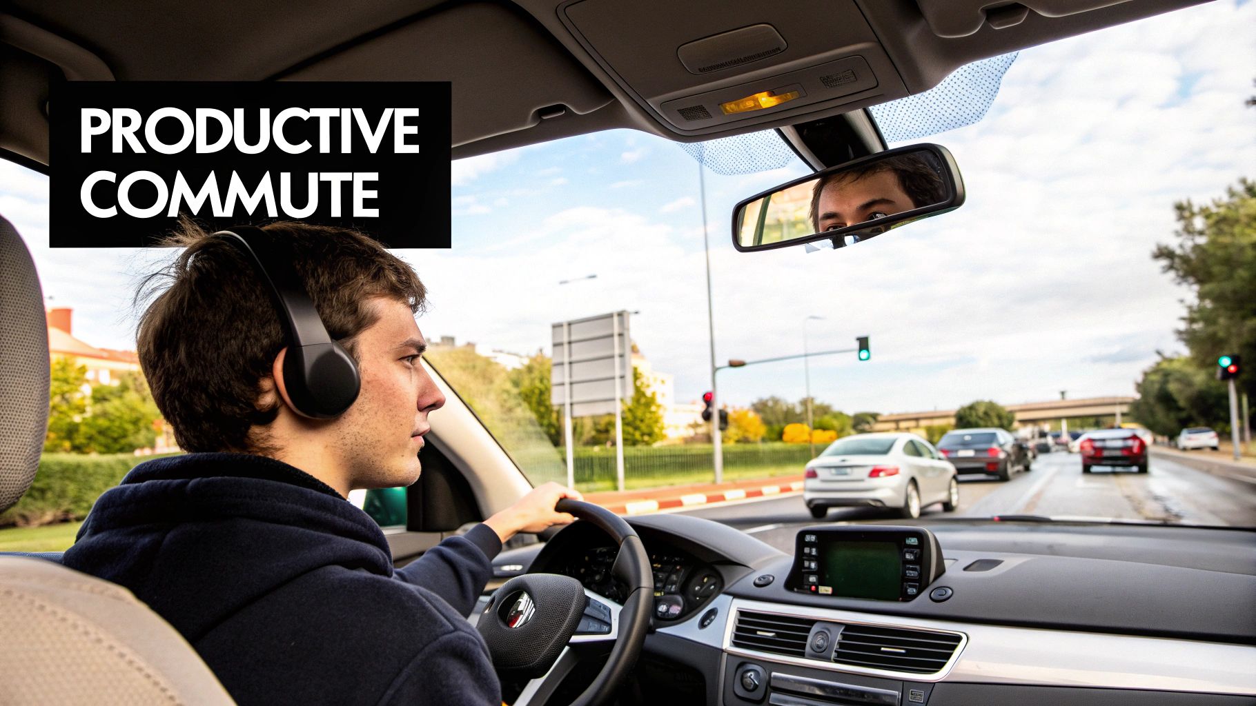 A person listening to an audiobook or podcast while stuck in traffic, looking calm and engaged.
