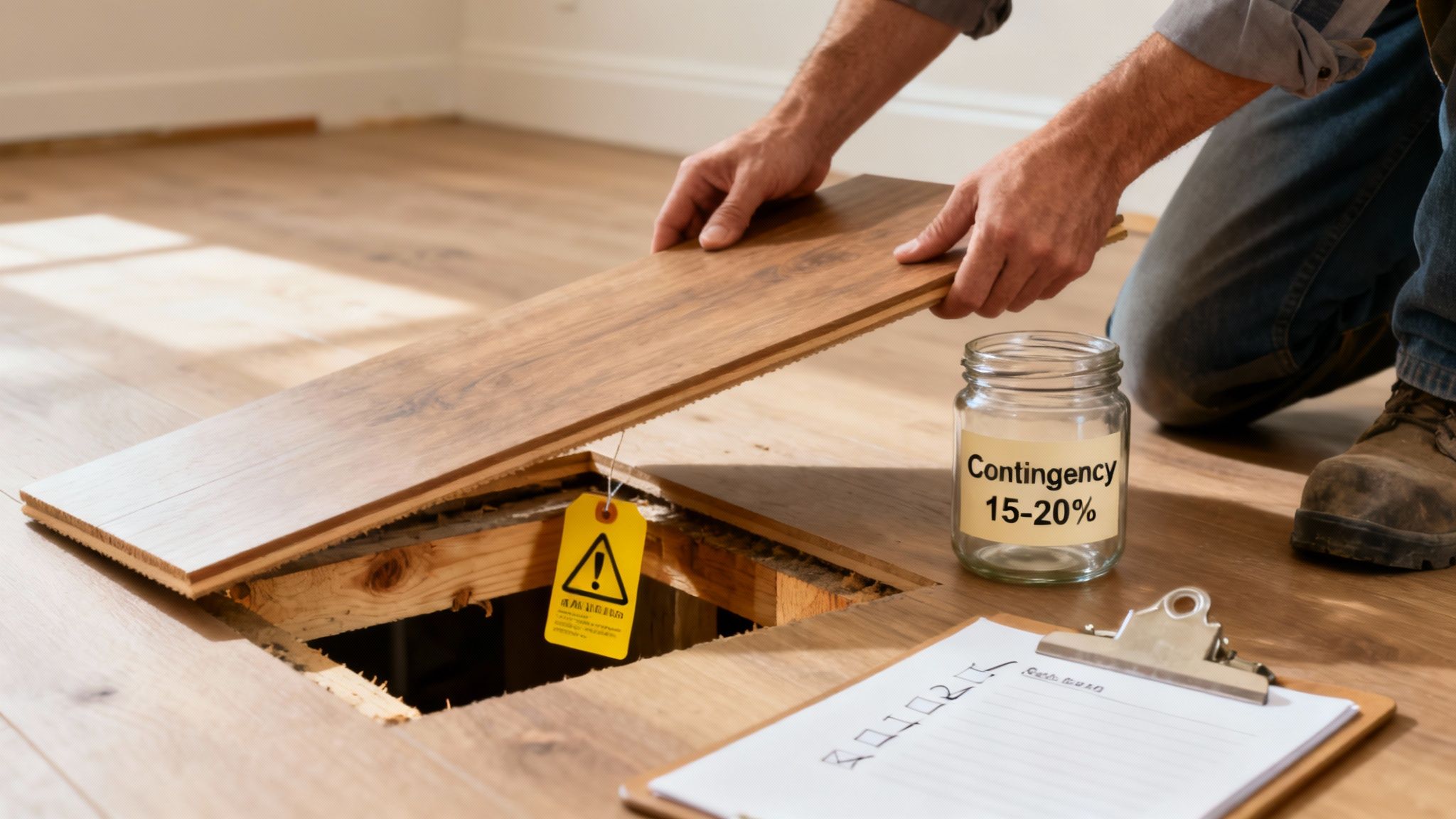 A builder and a homeowner discussing renovation plans and looking at a quote on a clipboard inside a home under construction