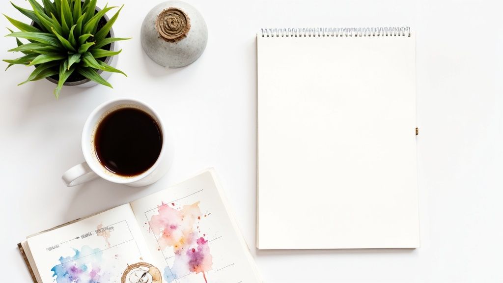 A person writing in a journal at a clean desk with productivity icons.