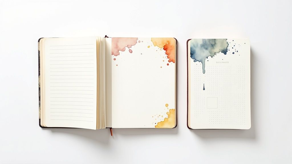 Two journals, one digital and one analog, laying open on a table.