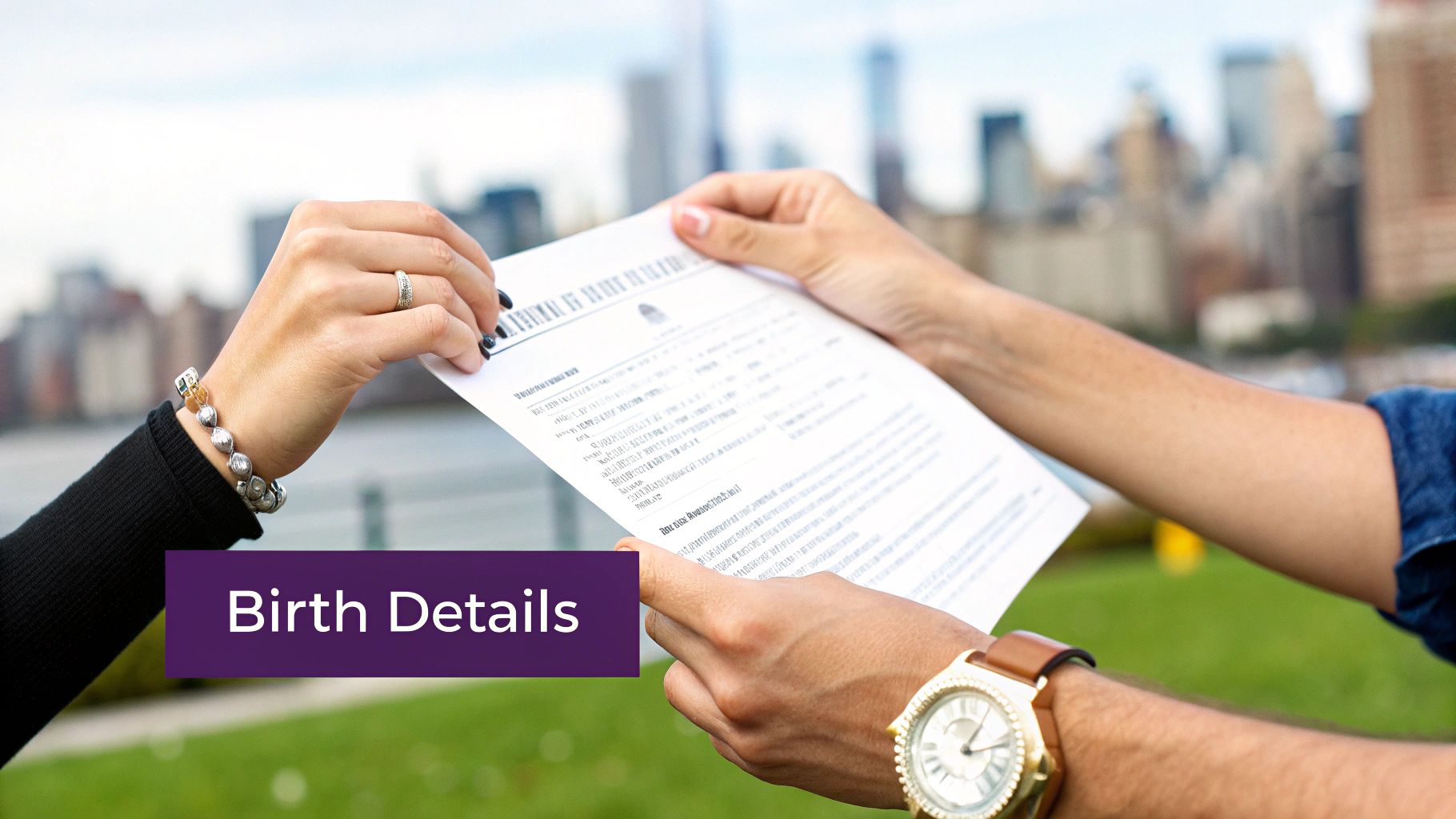 A vintage-style birth certificate with fields for name, date, time, and location, evoking a sense of personal history and data.