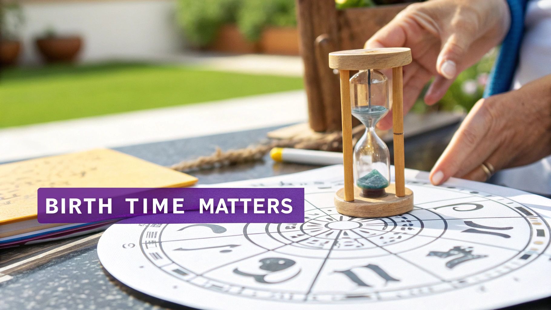 Astrological chart with planets and stars over a cosmic background.