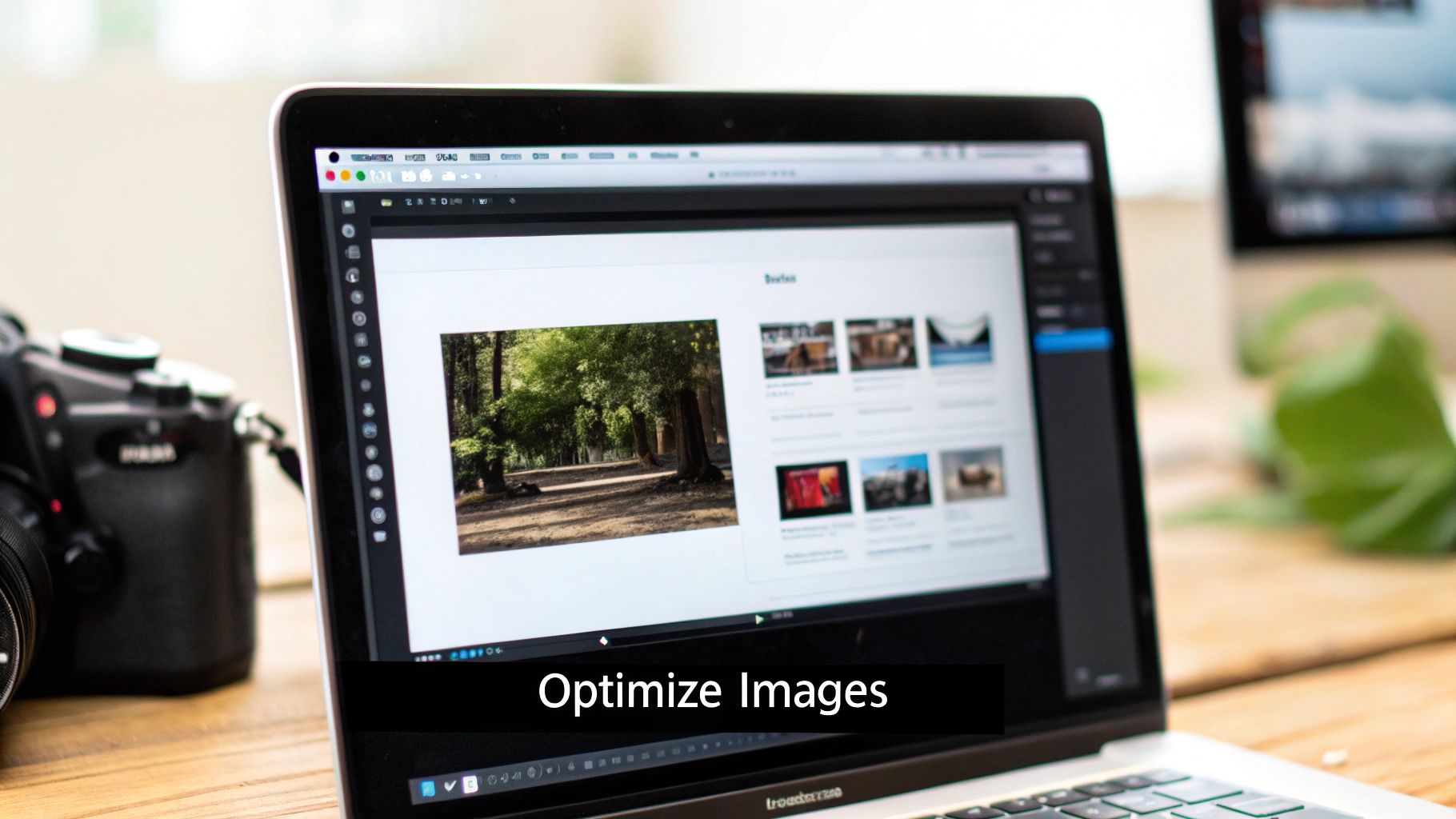 A laptop screen displays an image optimization tool showing a forest photo, with a camera nearby on a wooden desk.