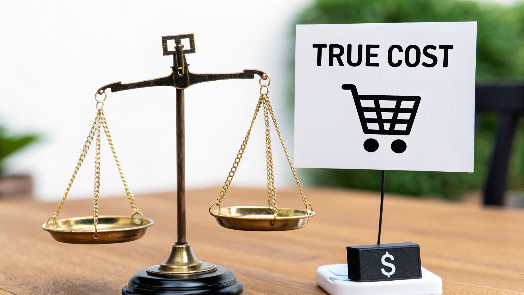 Brass scales next to a sign with 'TRUE COST' and a shopping cart, symbolizing evaluating expenses.