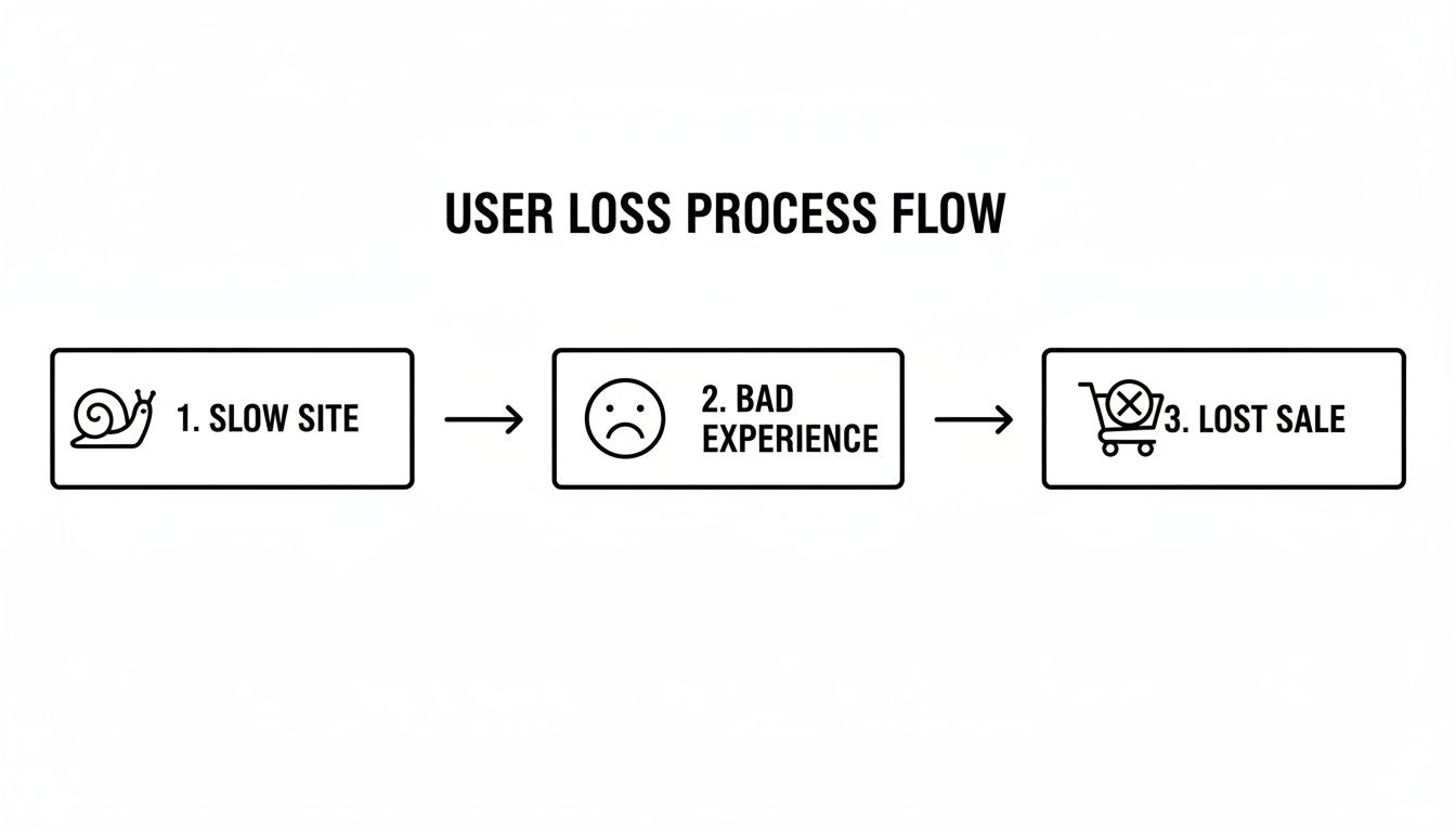A process flow diagram illustrating how a slow website leads to a bad user experience and ultimately, lost sales.