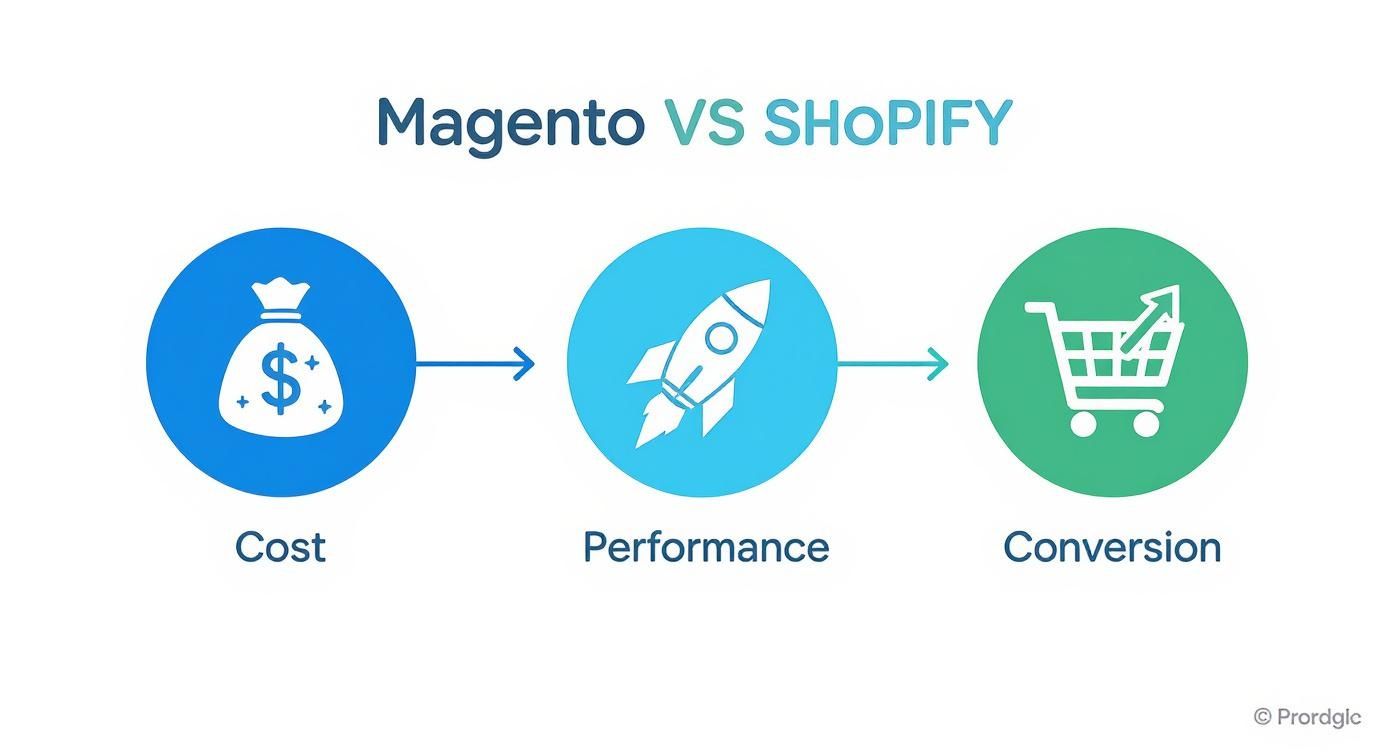 Infographic showing the benefits of migrating from Magento to Shopify, including cost savings, performance boosts, and increased conversions