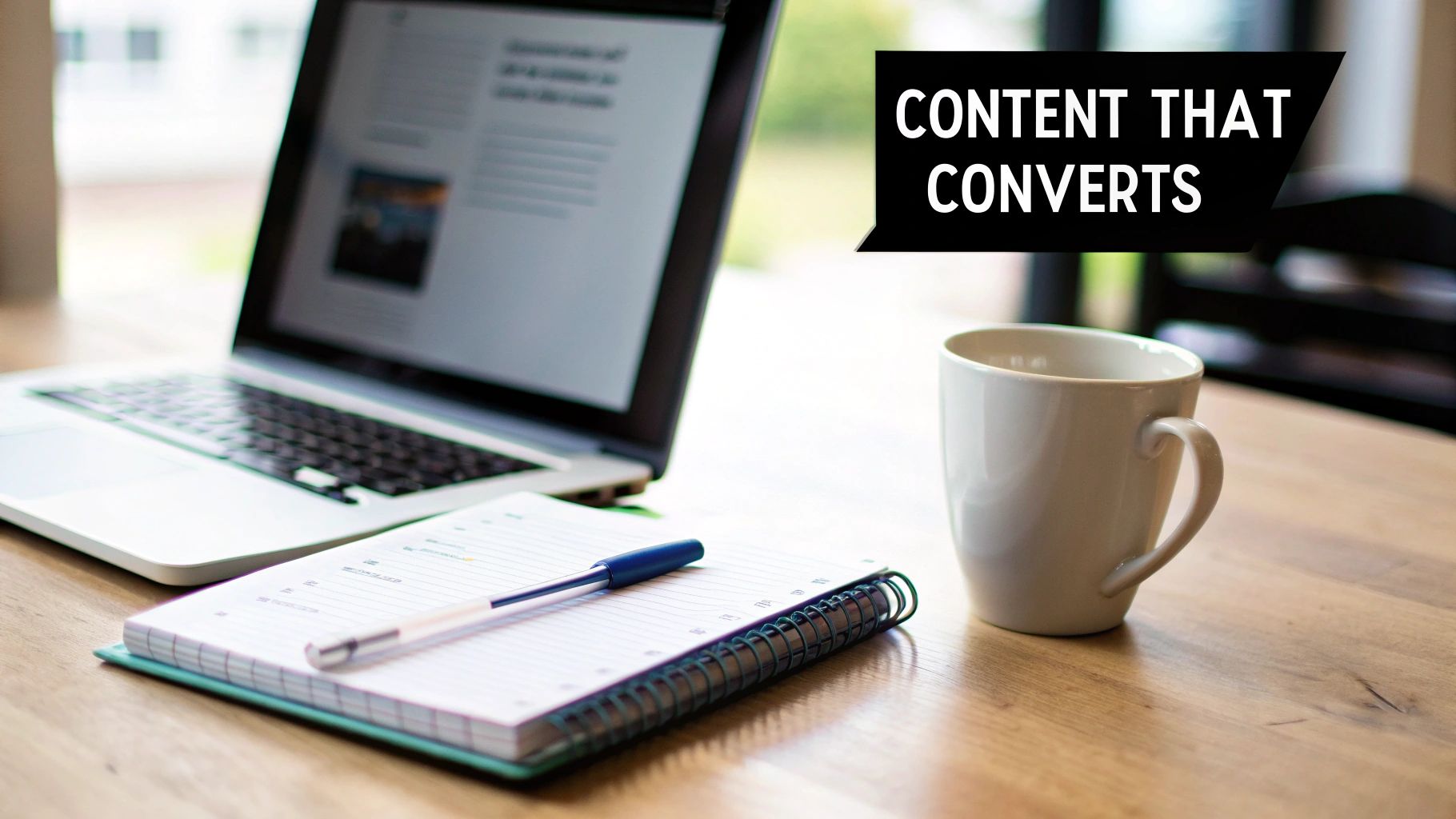 A laptop, notebook, pen, and coffee mug on a wooden desk with a "CONTENT THAT CONVERTS" banner.