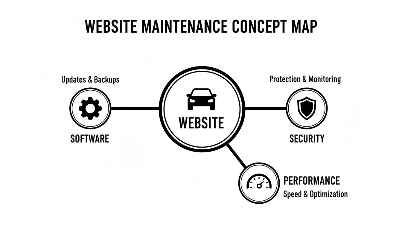 A concept map illustrating key aspects of website maintenance, including software, security, and performance.