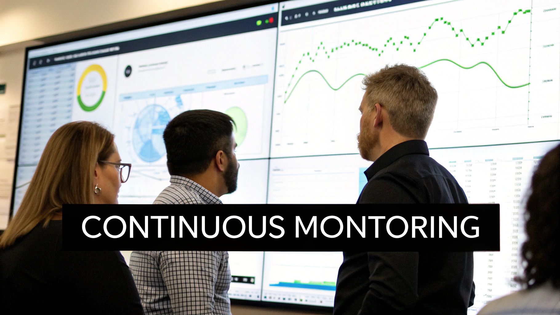 Three professionals analyze website performance data on large multi-screen displays, focusing on continuous monitoring.
