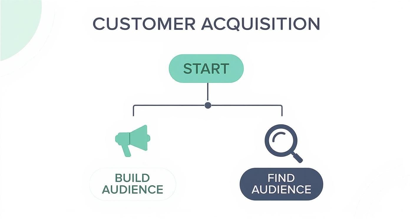 Infographic decision tree comparing the focus of building an audience with Shopify versus finding an audience on Amazon.