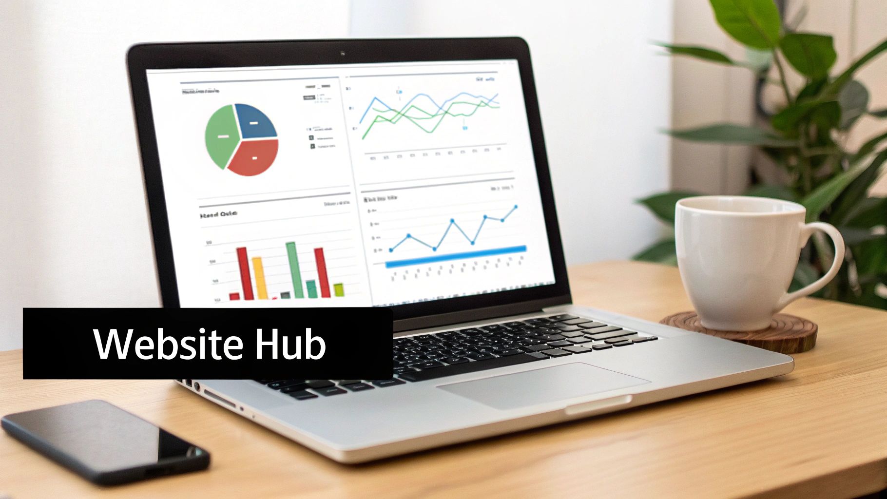 A laptop displaying website analytics and data visualizations on a desk with a smartphone and coffee.