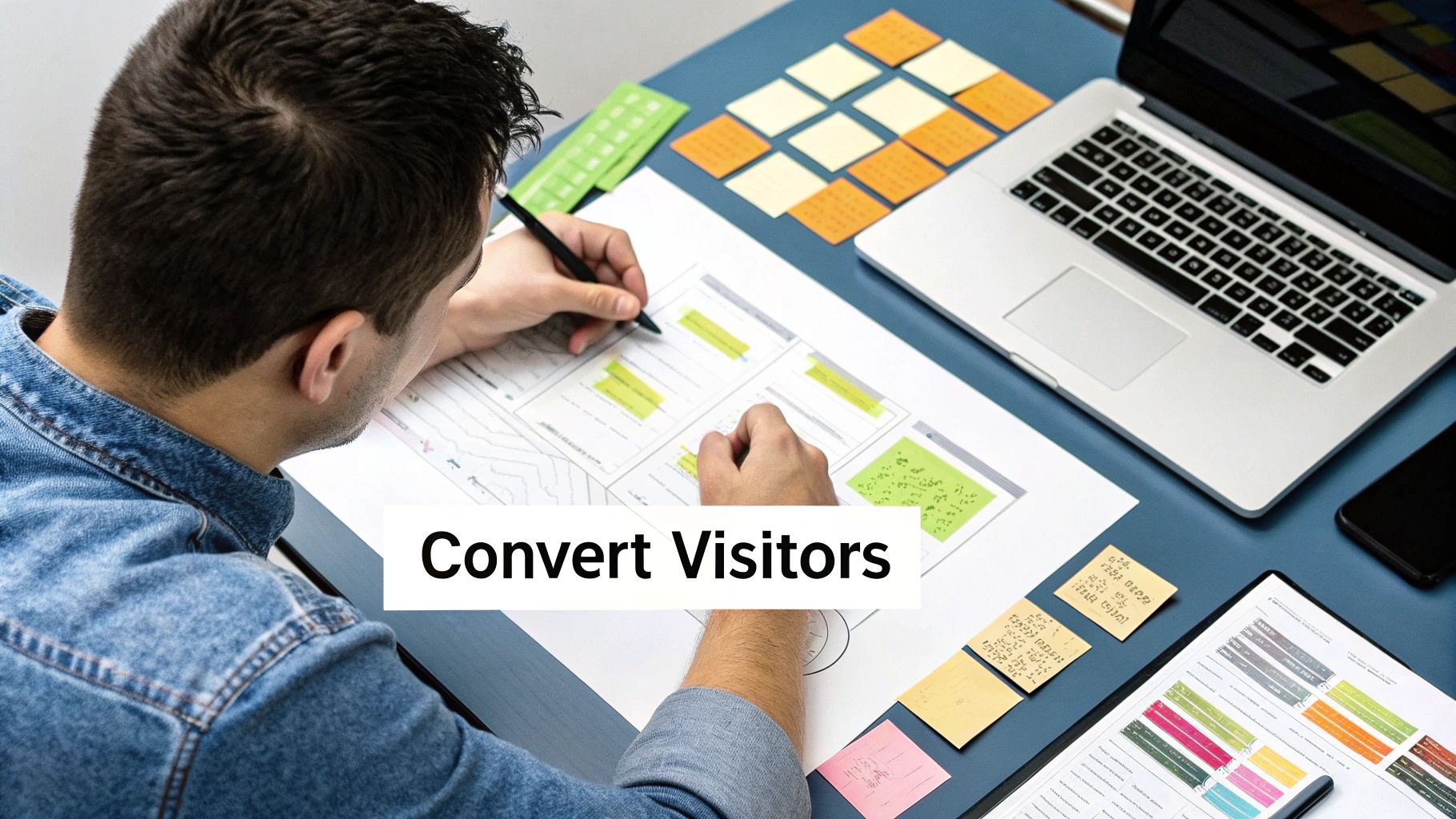 Persona diseñando wireframes de sitios web en un escritorio con una laptop, notas adhesivas y un teléfono. Texto: Convertir visitantes.