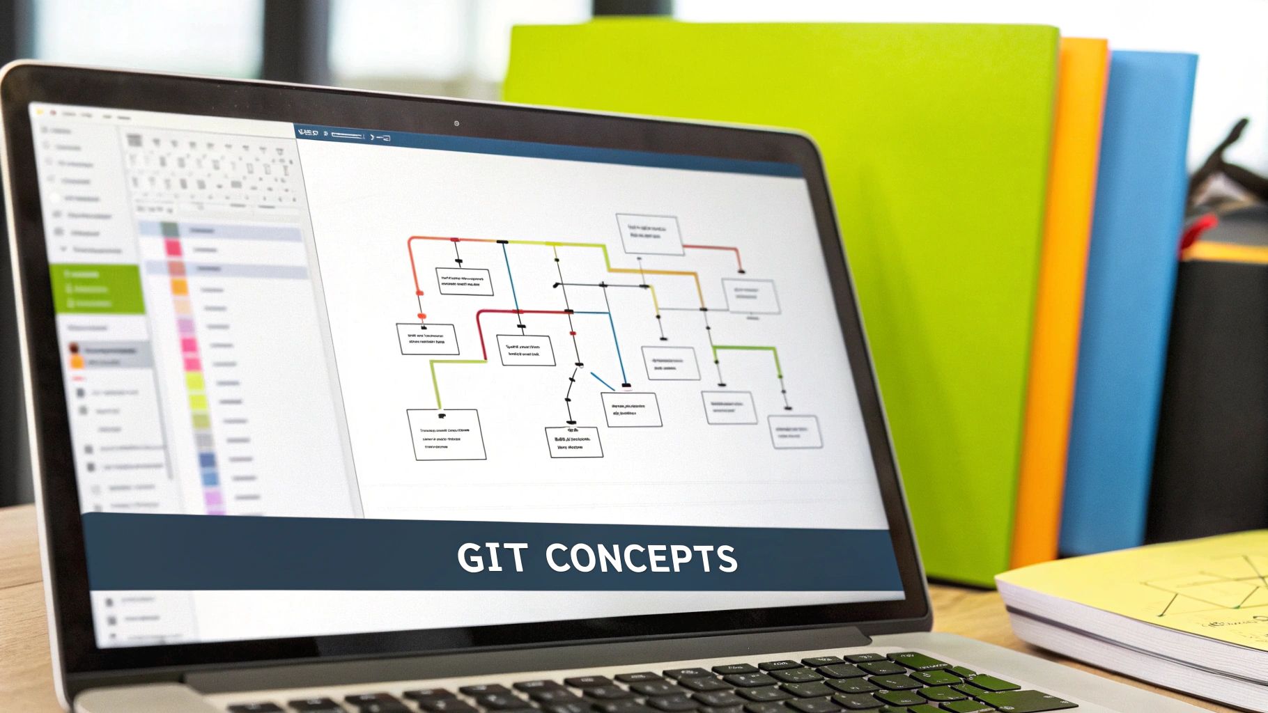 A visual representation of Git branching and merging, showing a main branch with a feature branch splitting off and later merging back in.