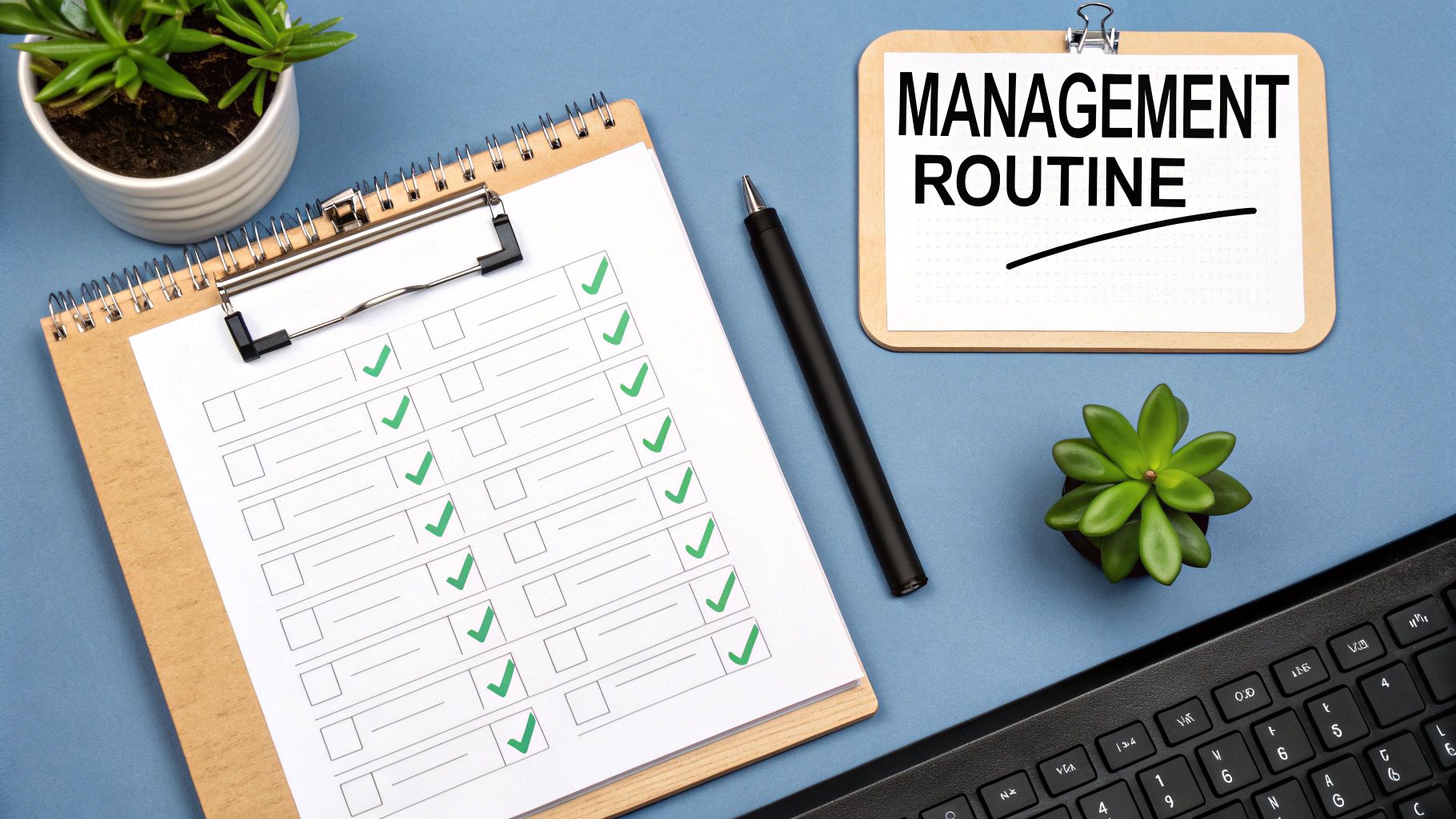 A person at a desk with a checklist, planning their website management routine on a calendar.