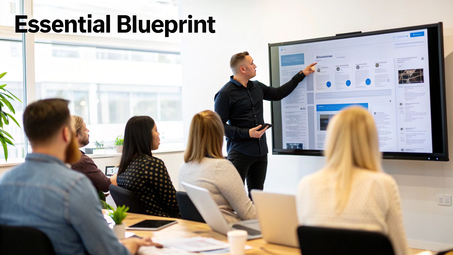 A man presenting a website blueprint on a large screen to a team in a modern office.