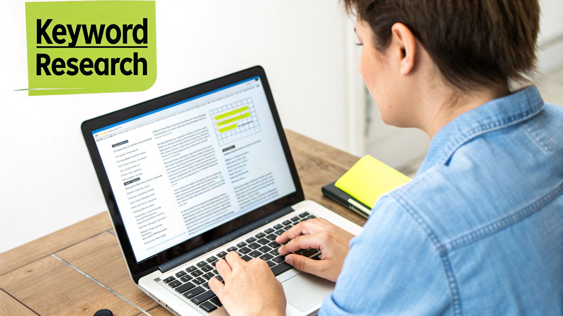 Person using a laptop to research keywords on a colorful background