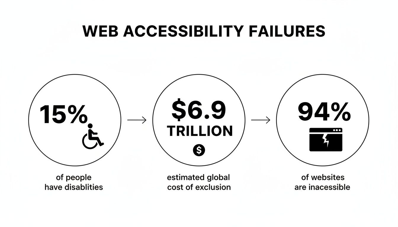 Infographic shows web accessibility failures: 15% people have disabilities, $6.9 trillion cost, 94% websites inaccessible.