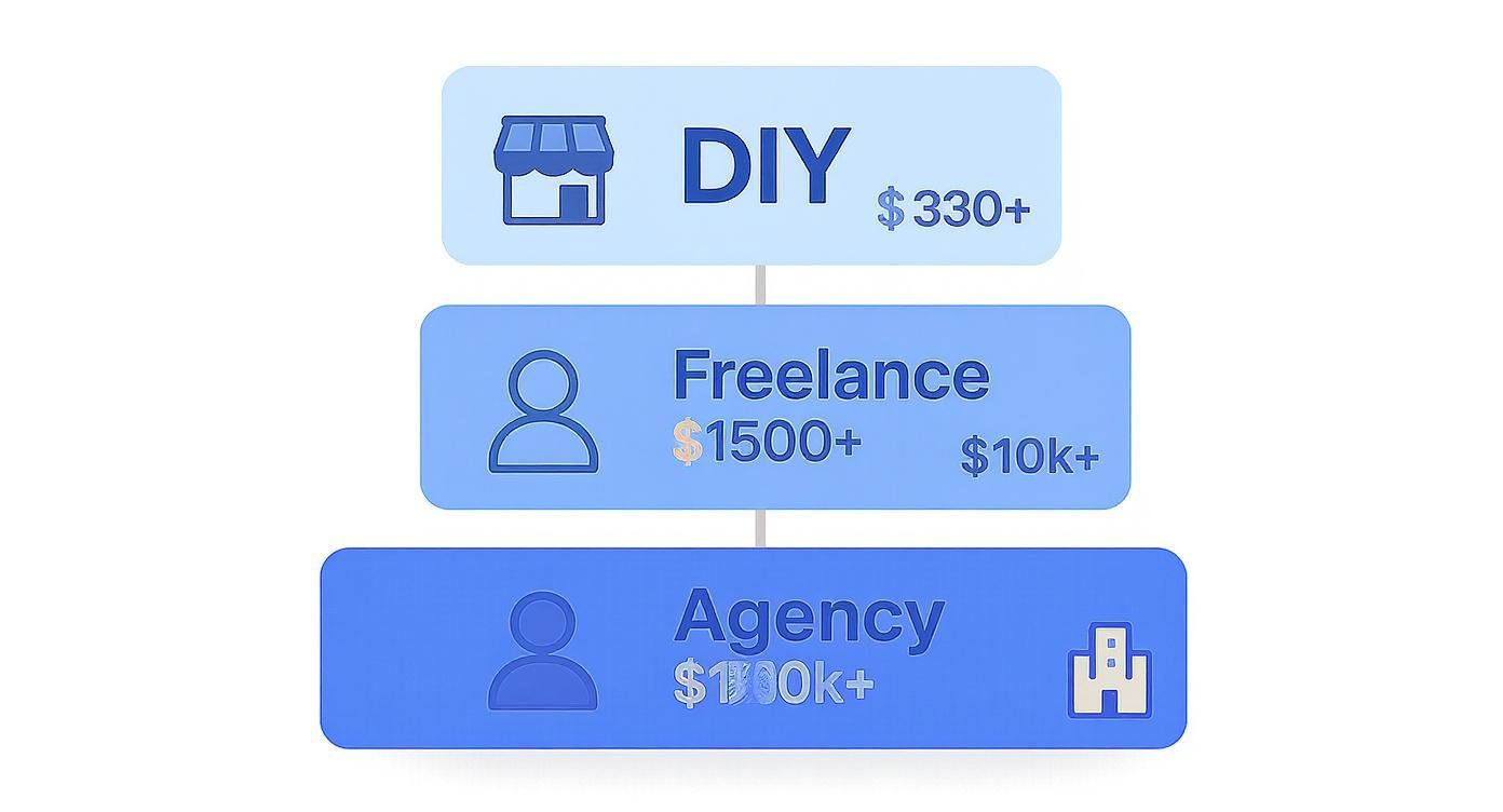 Three tier diagram showing DIY, Freelance, and Agency ecommerce website development pricing options