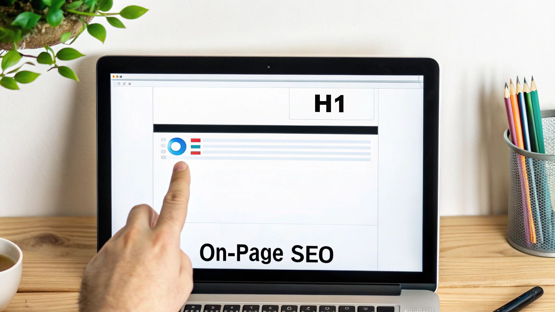 A hand points at a laptop screen displaying 'H1' and 'On-Page SEO' content with an optimization graphic.