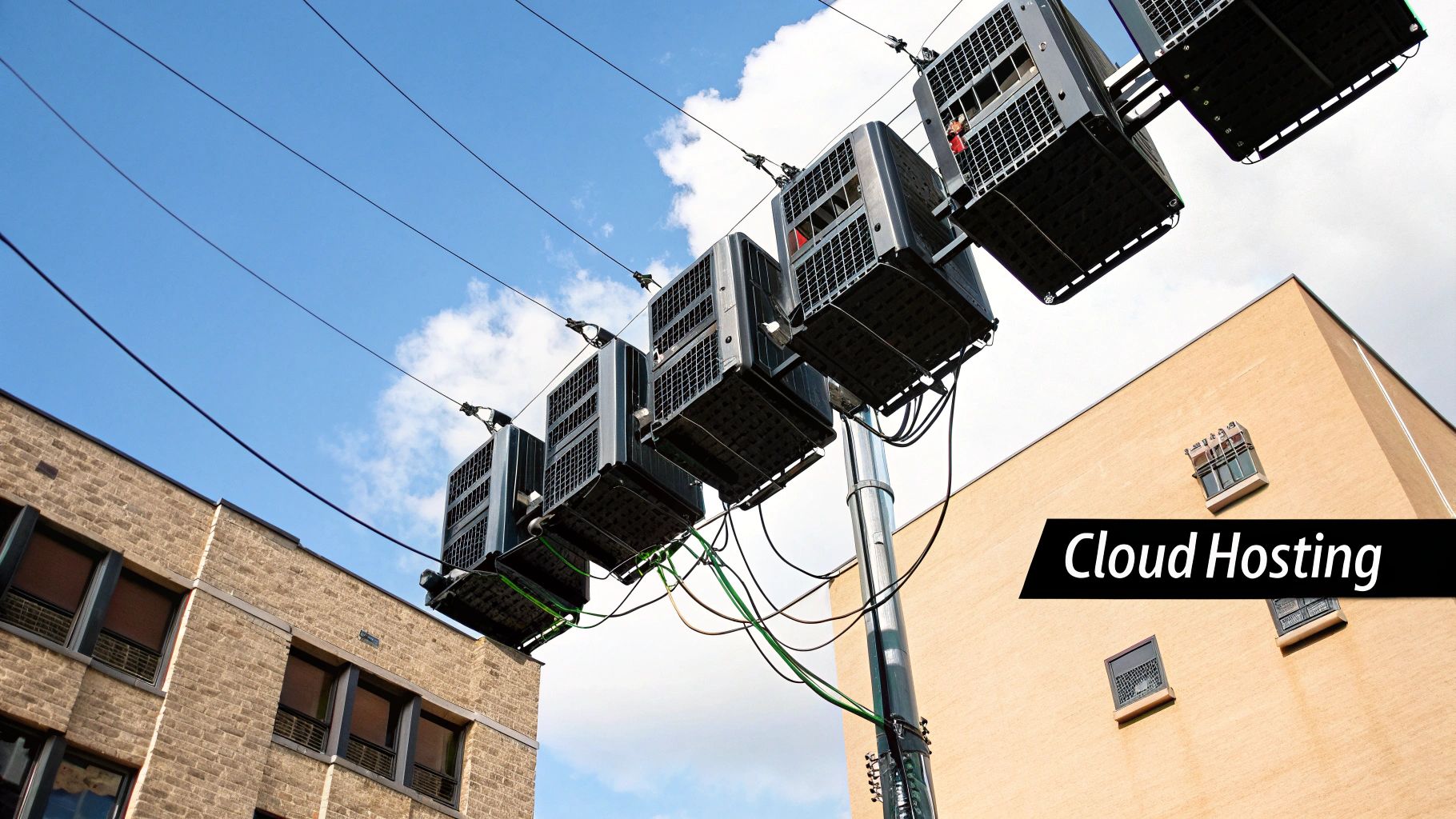A network of interconnected cloud servers, visually representing the concept of cloud hosting.