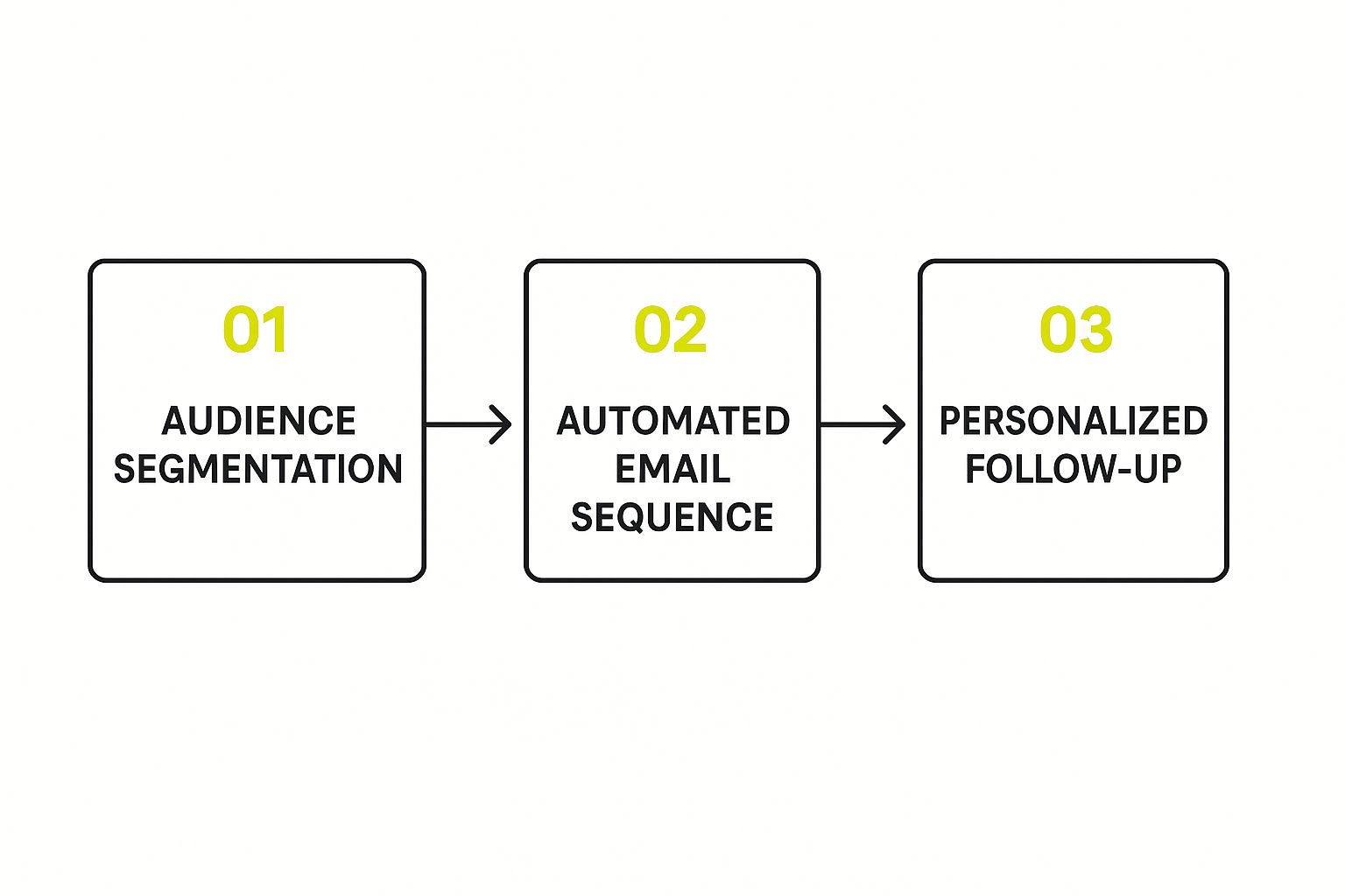 A process flow diagram shows three steps: 'Audience Segmentation' connected by an arrow to 'Automated Email Sequence', which is connected to 'Personalized Follow-up'.