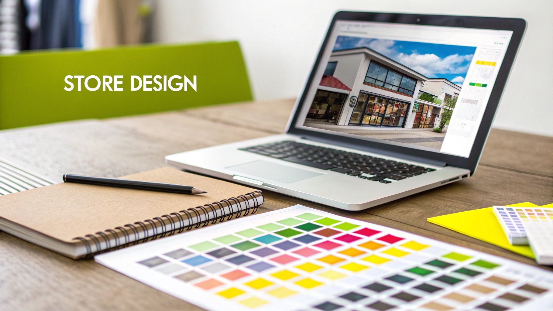 A designer working on a Shopify theme layout on a computer screen