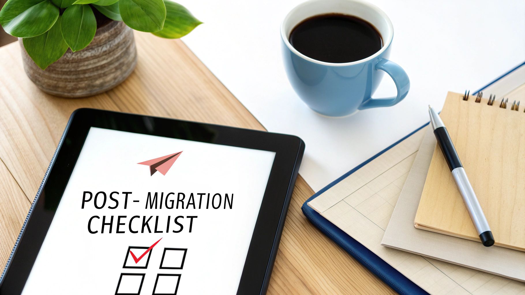 A tablet displays a 'POST-MIGRATION CHECKLIST' with a checked box, next to coffee, notebooks, and a plant on a desk.