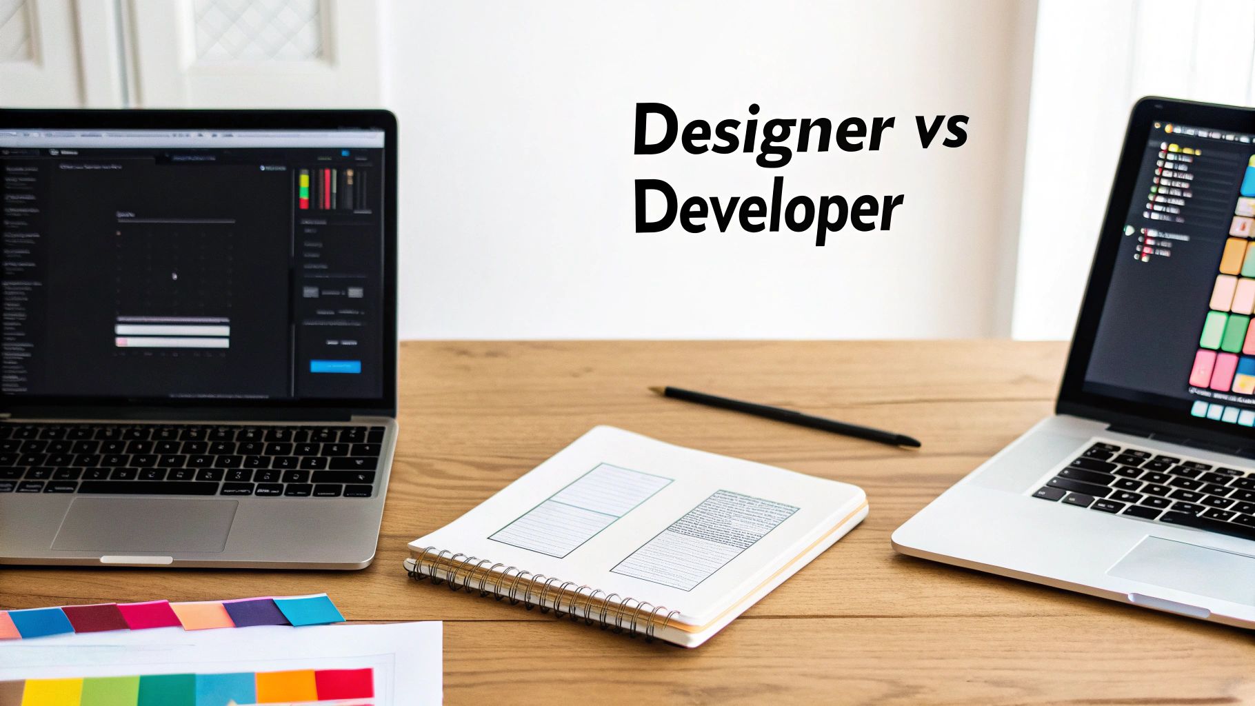 A website designer and developer collaborating on a project with wireframes and code on screen