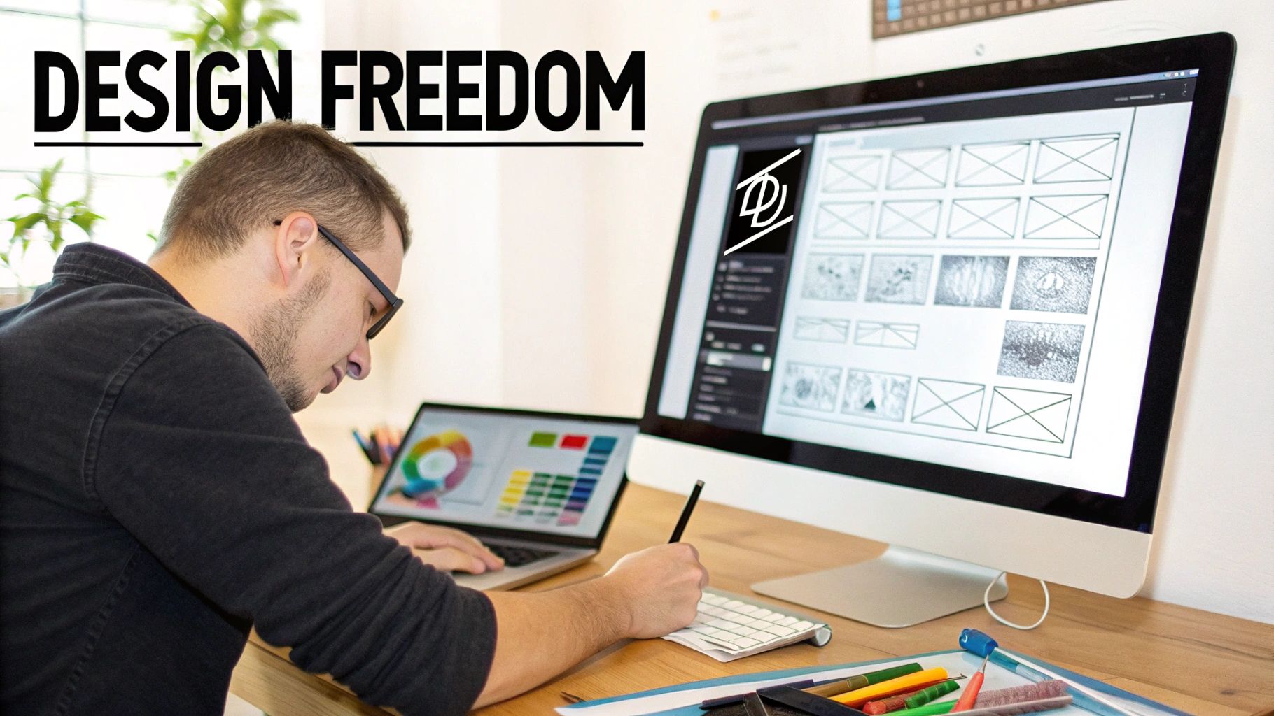 A designer working on a computer with a large monitor displaying web layouts and a laptop showing color tools.