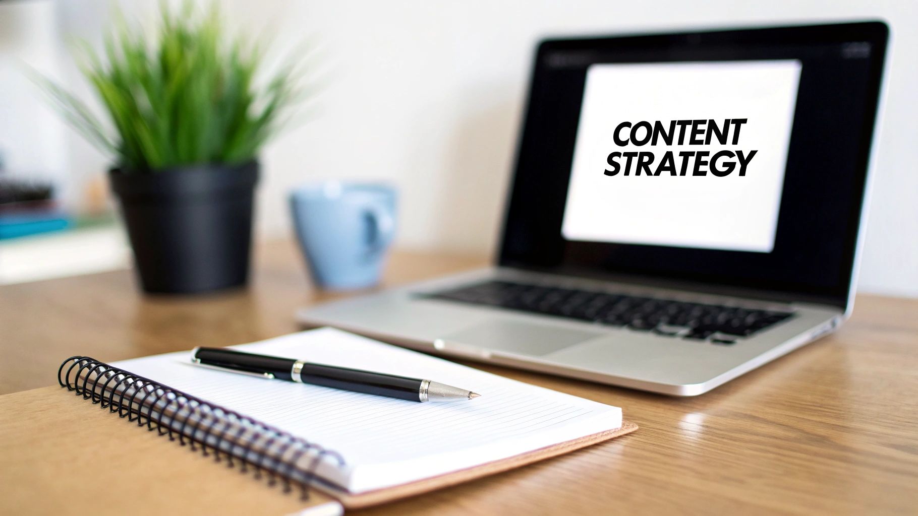 A laptop displaying 'CONTENT STRATEGY' on its screen, with a notebook and pen on a wooden desk.