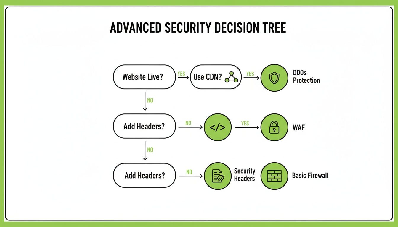 A decision tree flowchart for advanced website security, including CDN, WAF, and firewall.