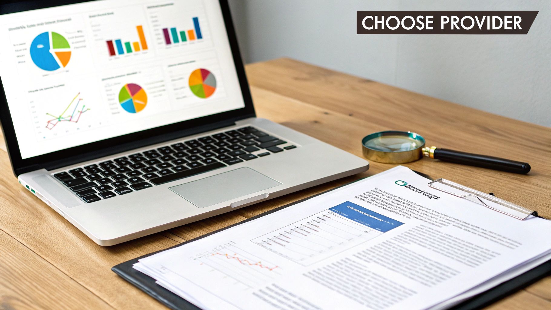 A laptop displaying business charts and graphs, documents with data, and a magnifying glass on a wooden desk.