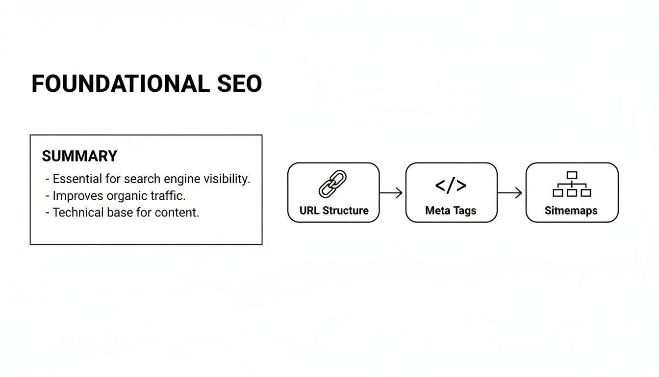 Diagram illustrating foundational SEO principles, including URL structure, meta tags, sitemaps, and a summary of their benefits.