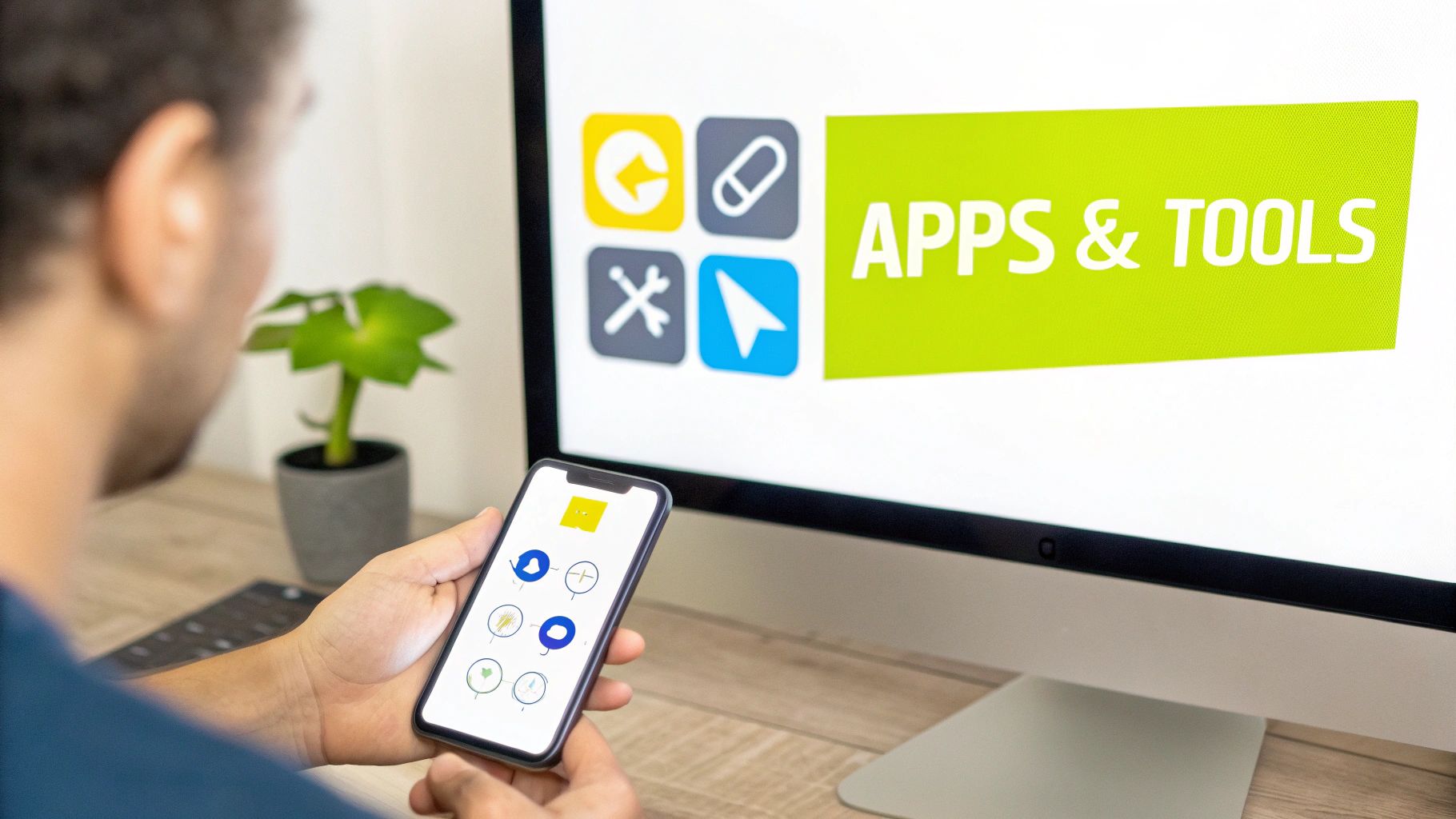 Illustration of a smartphone screen showing various app icons connecting to a central shopping cart icon.