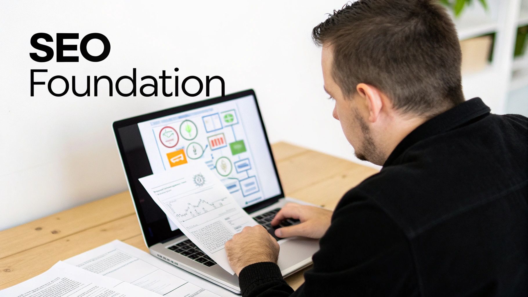 Un hombre en un escritorio trabajando en la estrategia de SEO, revisando datos en una computadora portátil y un papel con el texto "SEO Foundation".