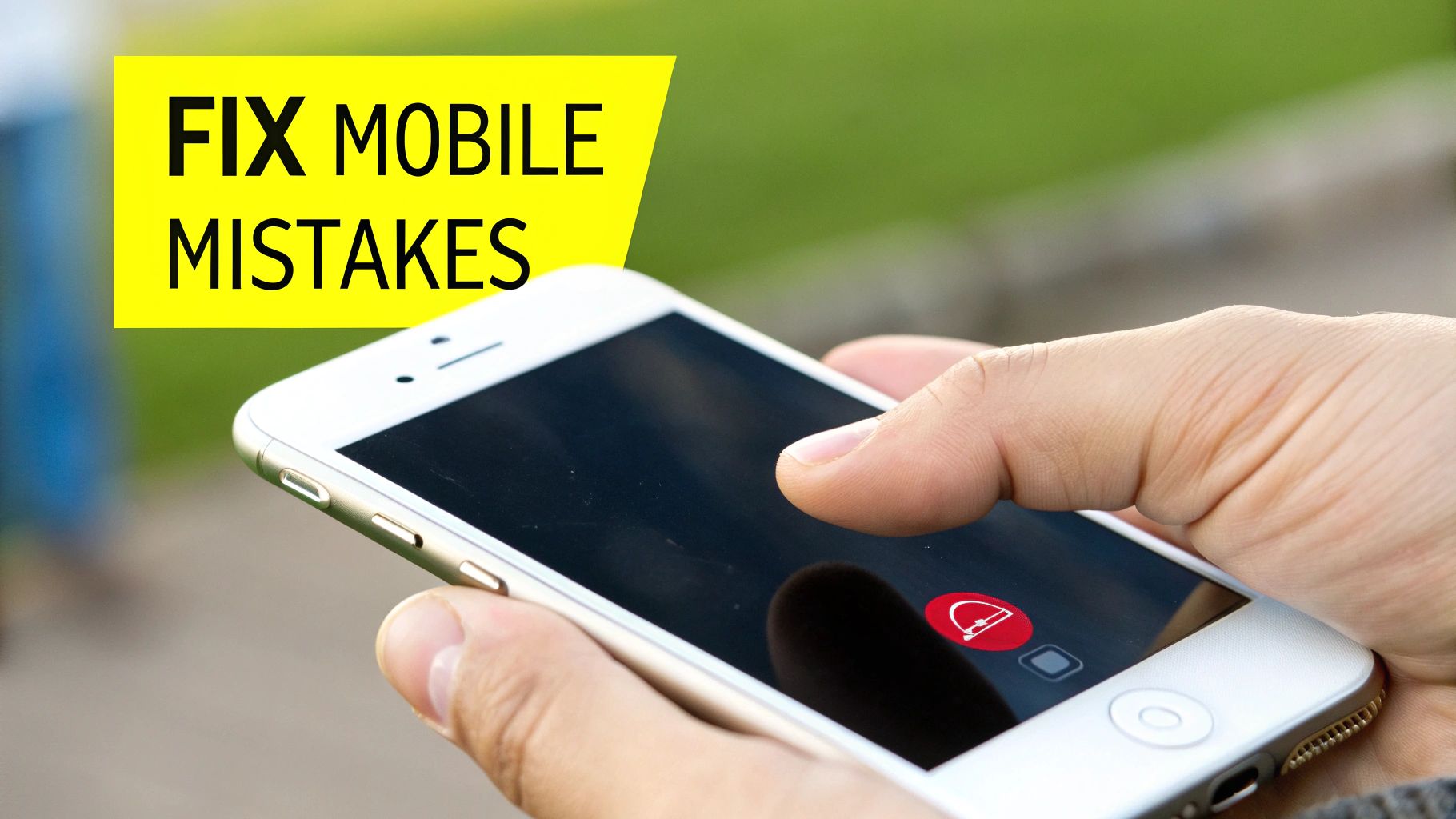 A smartphone screen displaying a poorly designed mobile website with tiny buttons and hard-to-read text, with a red 'X' over it.