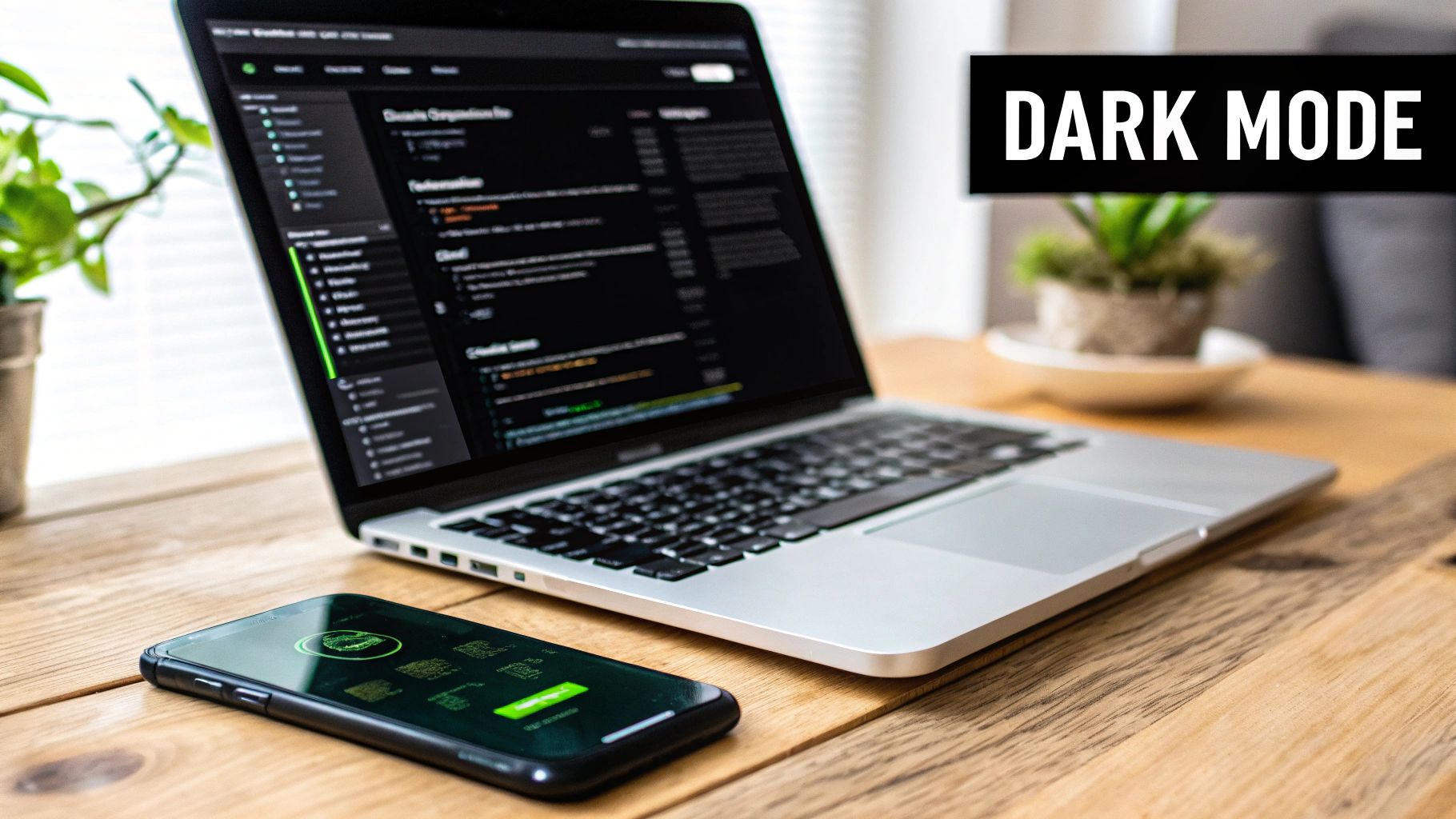Laptop displaying dark mode interface with smartphone on wooden desk workspace