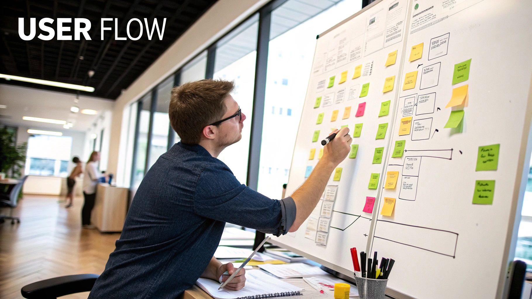 A person drawing website wireframes on a whiteboard, illustrating the planning process.