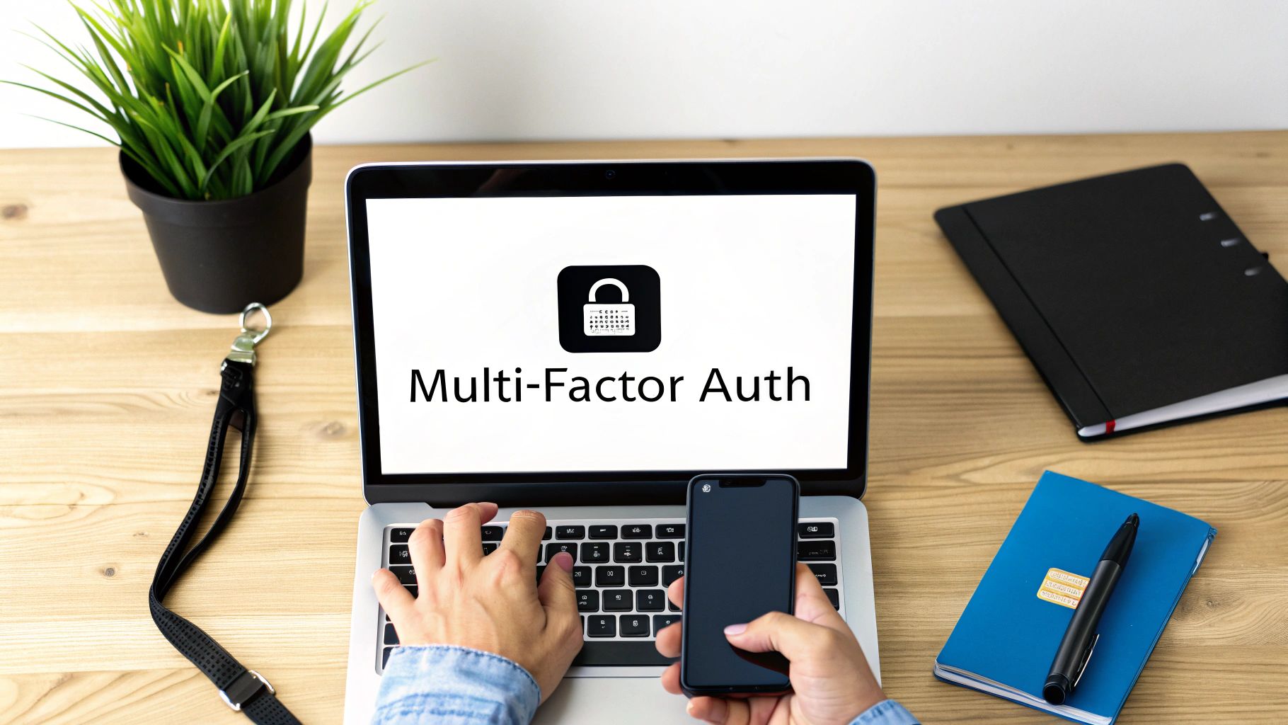 Close-up of a person typing on a laptop with 'Multi-Factor Auth' on screen, holding a smartphone.