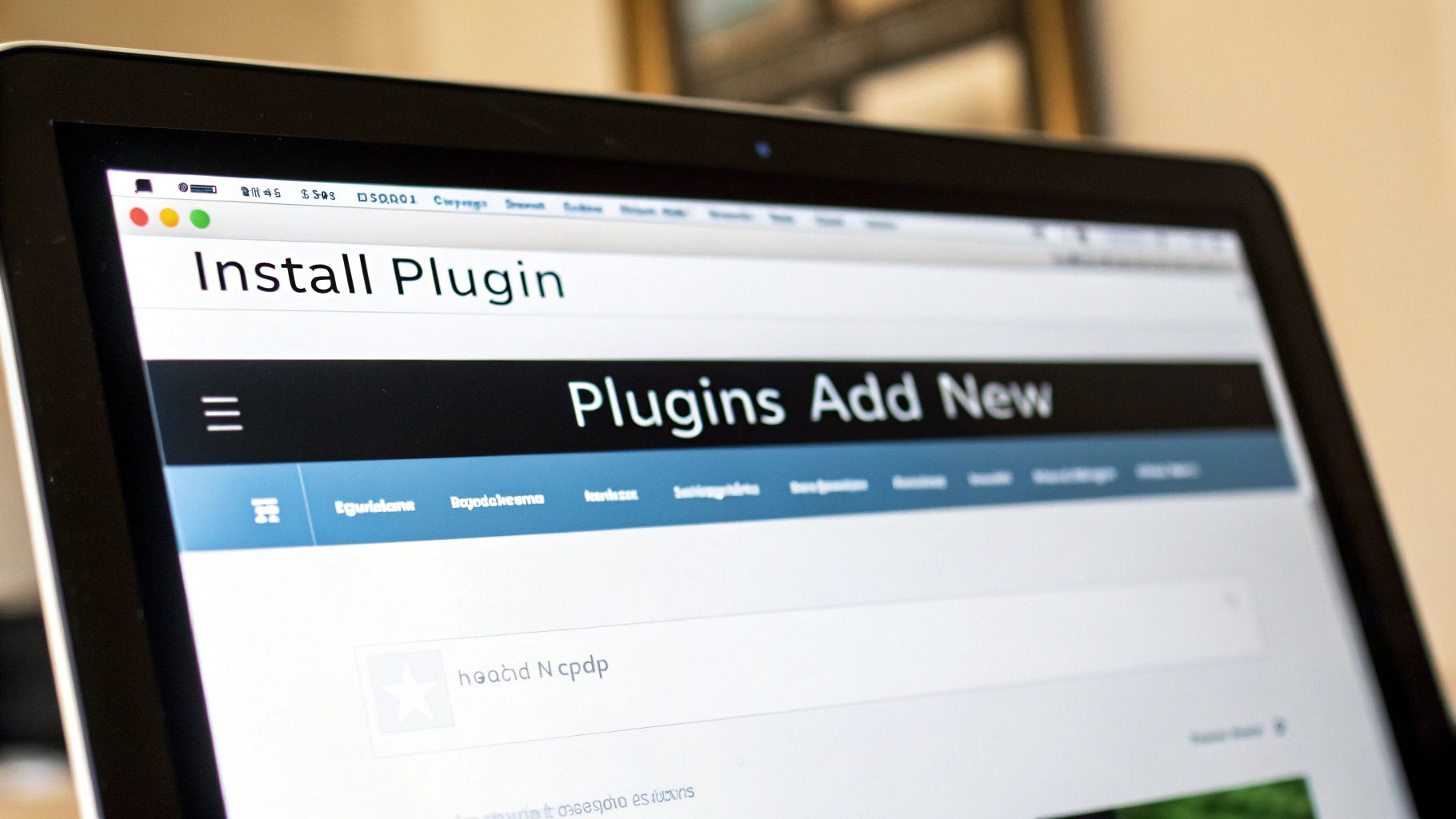 A close-up of a laptop screen displaying the 'Plugins Add New' page, showing how to install a plugin.