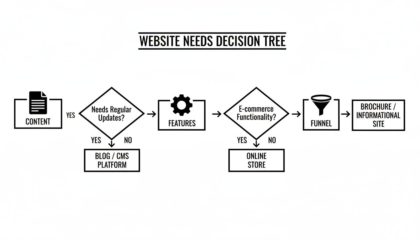 A decision tree flowchart guiding website type selection based on content, updates, features, and e-commerce needs.