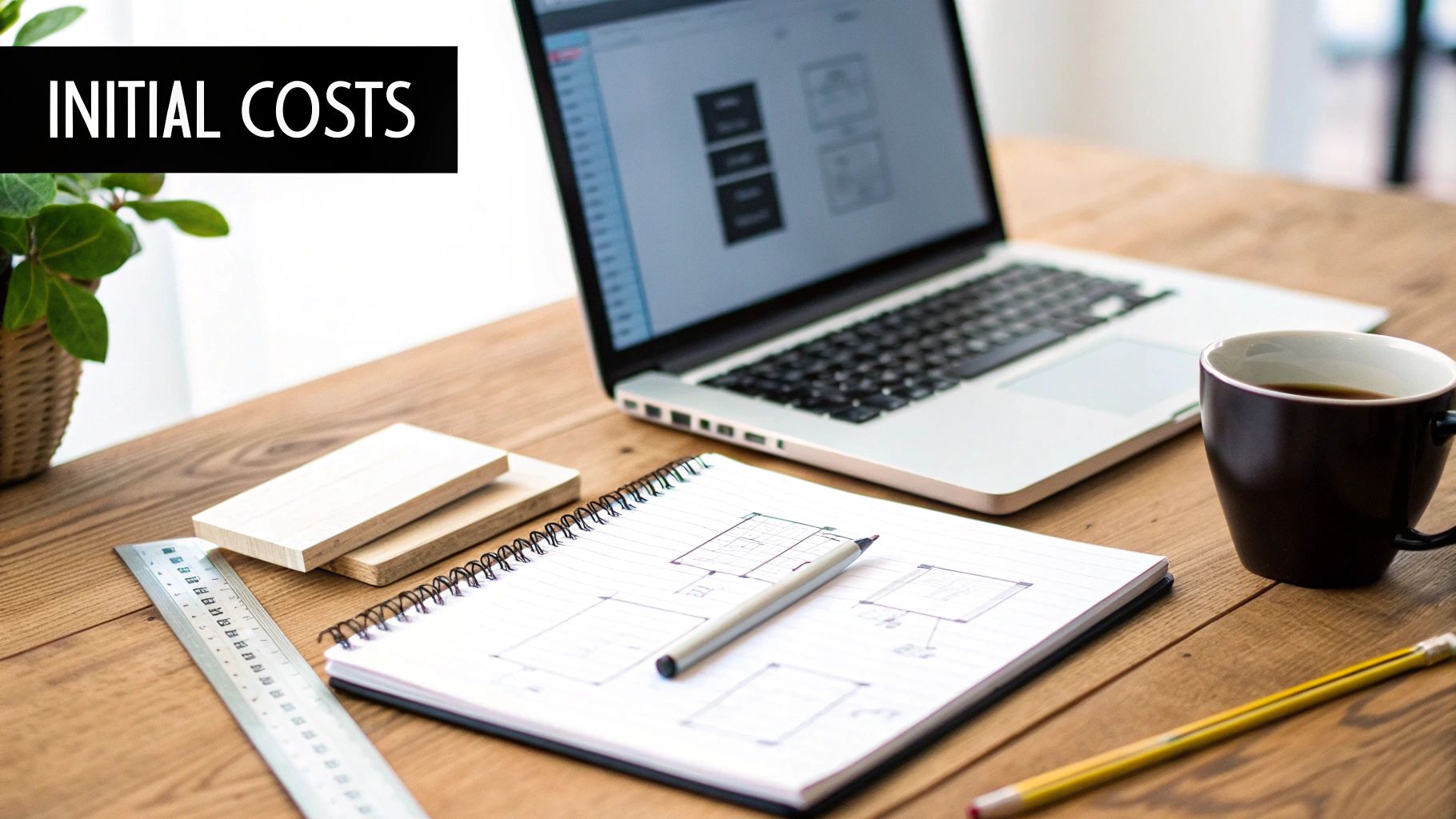 Laptop with architectural drawings on notebook and coffee cup on wooden desk displaying initial costs