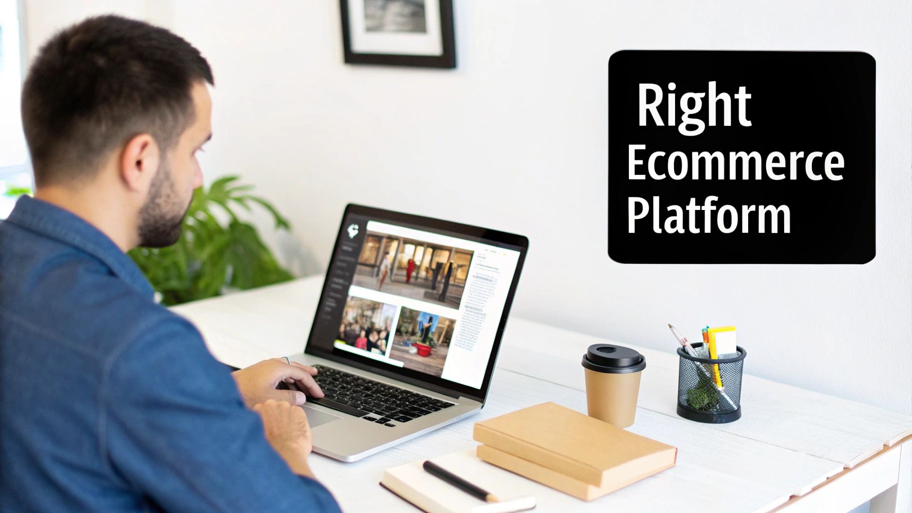 Man working on a laptop, with text 'Right Ecommerce Platform' in the background, focusing on online business.
