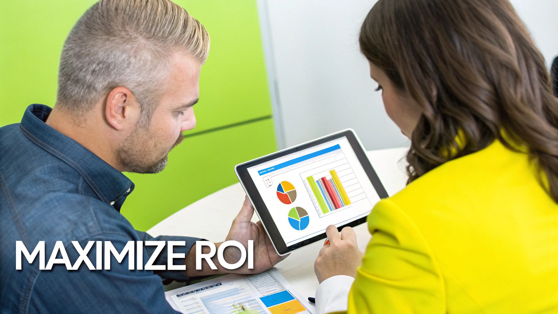 A graph showing an upward trend with a magnifying glass over it, symbolizing ROI analysis.