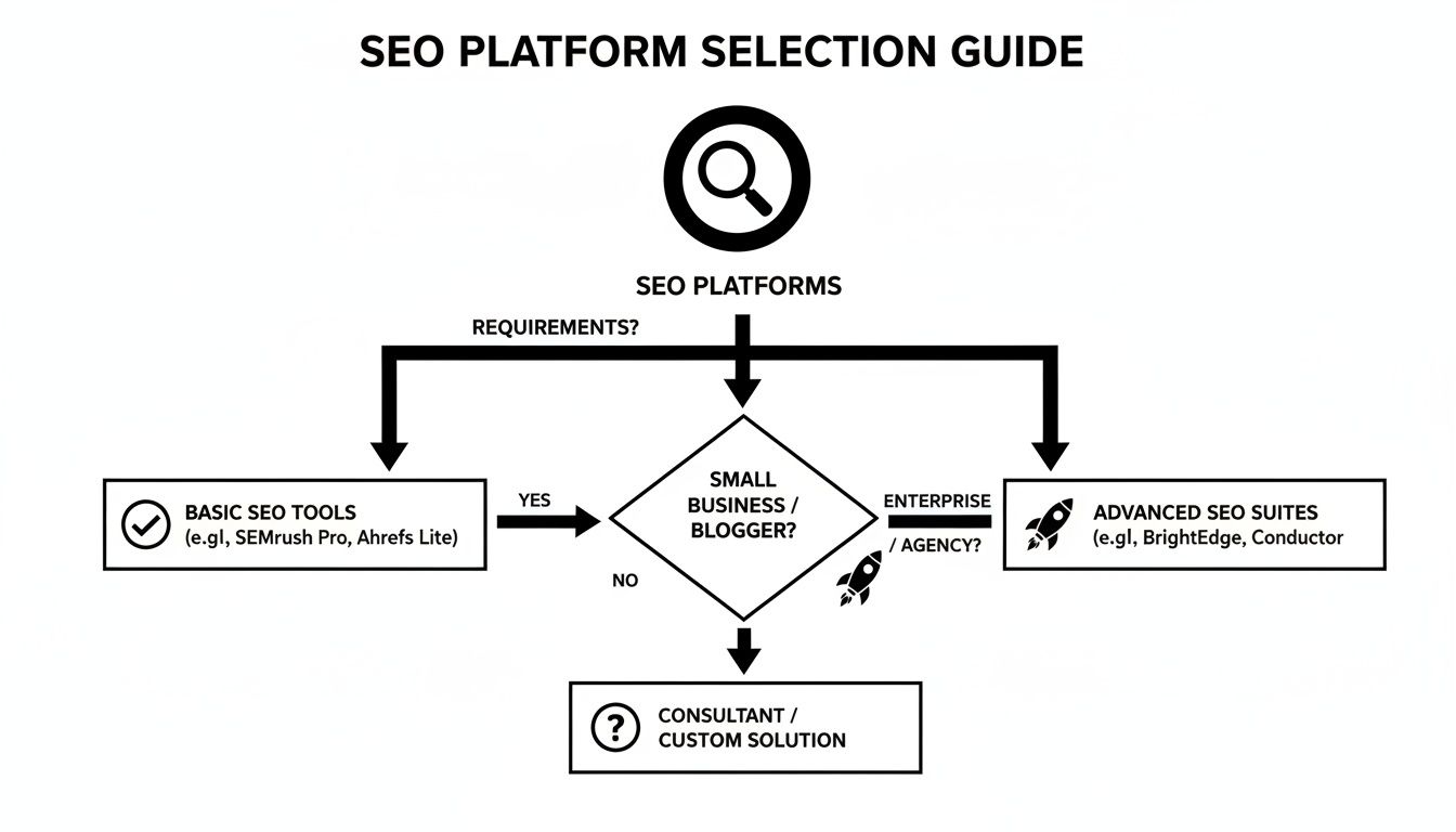 Un diagrama de flujo que guía la selección de plataformas de SEO según el tamaño y los requisitos de la empresa, desde herramientas básicas hasta suites avanzadas.