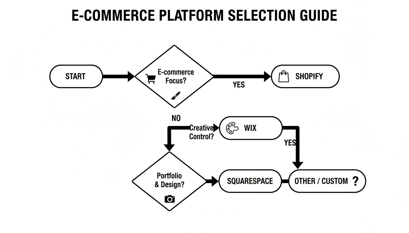A flowchart guiding e-commerce platform selection based on focus, creative control, and design needs.