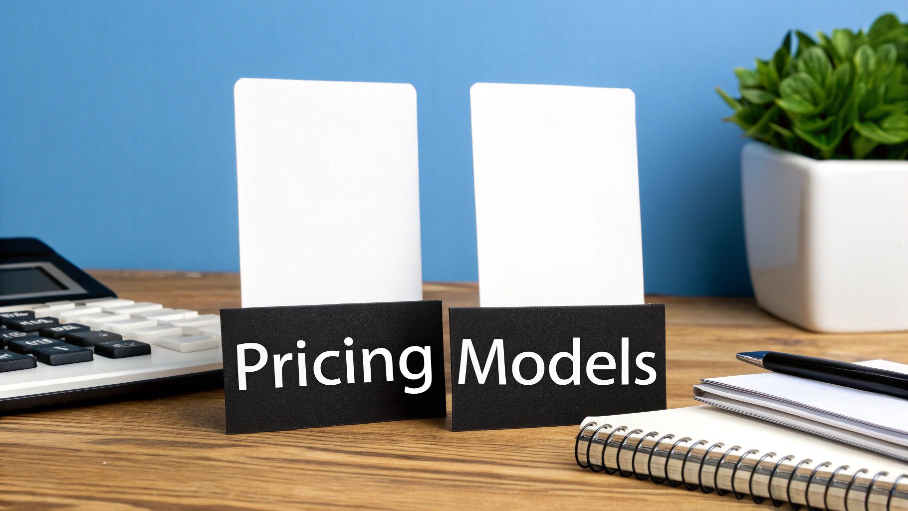 Black cards displaying 'Pricing Models' text on a wooden desk with a calculator, notebook, and plant.