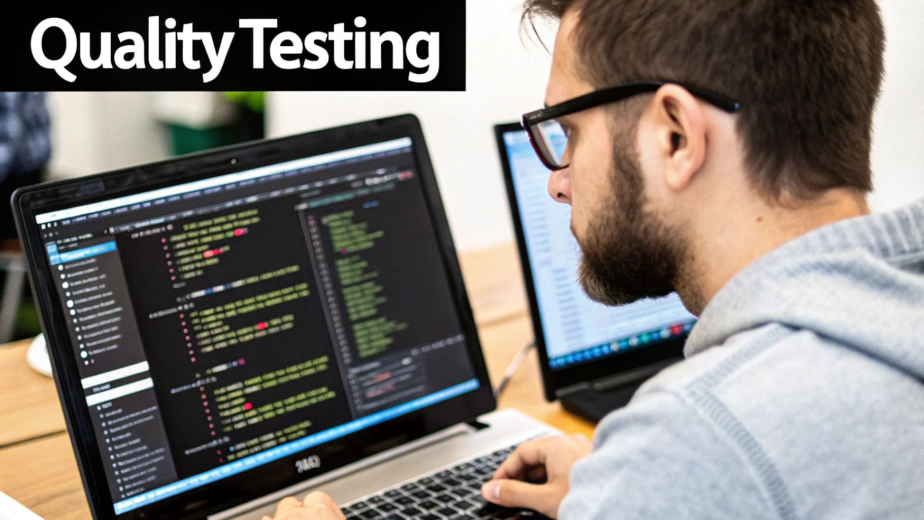 A developer working on complex code for a web application, illustrating the depth of the development process.